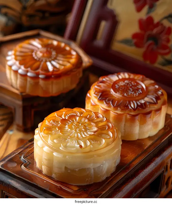 Delicious Moon Cakes on Wooden Platter