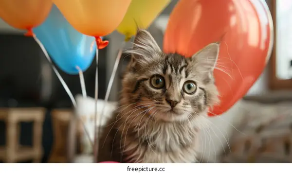 Playful Kitten with Balloons for a Birthday Party
