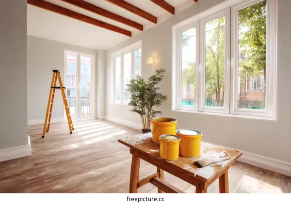 Renovation Interior with Paint Cans and Ladder