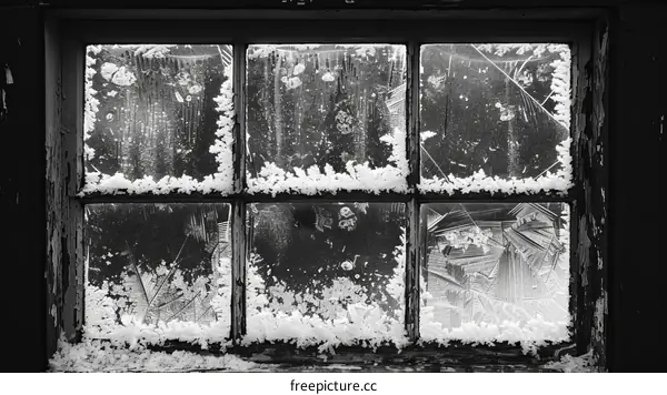Black and white photo of a window covered in frost