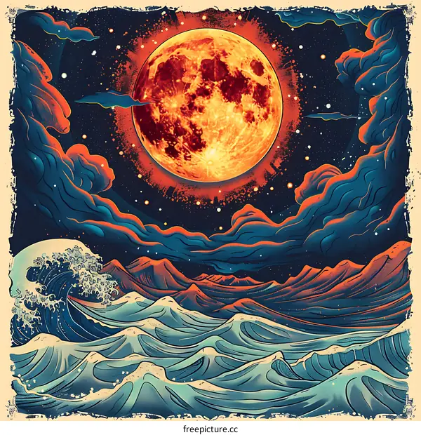 Red Moon and Ocean Waves Artistic Illustration