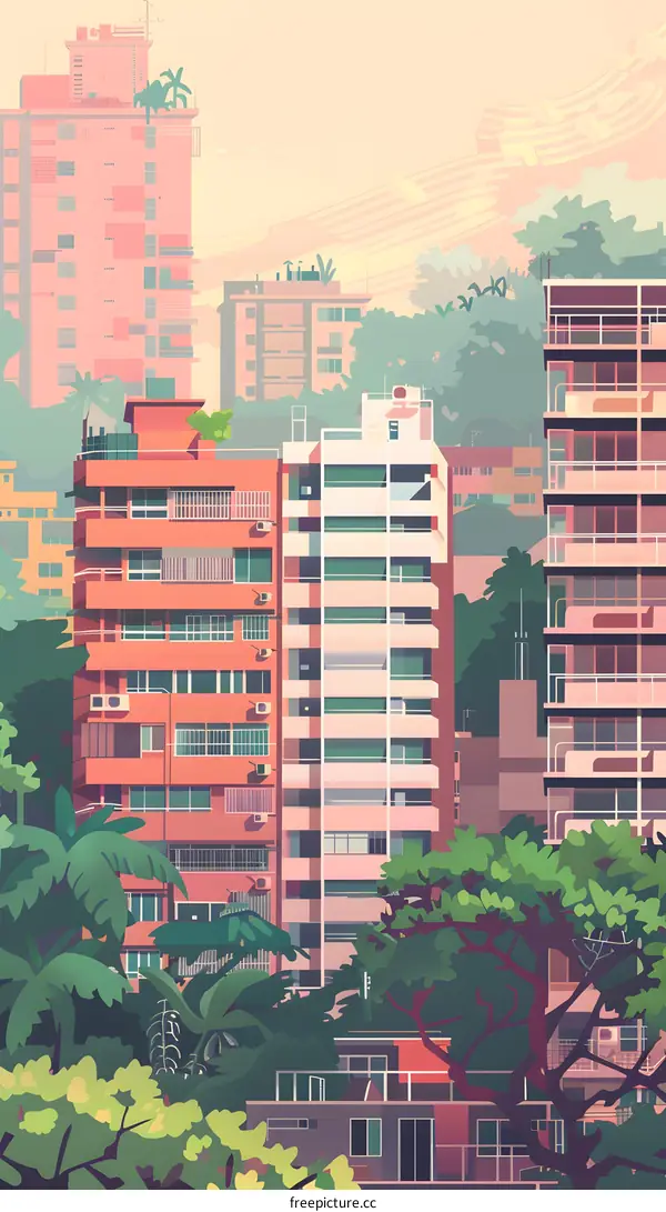 Vibrant Cityscape with Colorful Buildings and Lush Green Trees