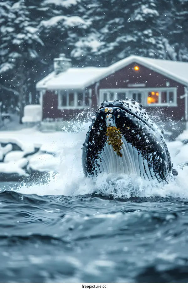 A humpback whale breaches the water in front of a house