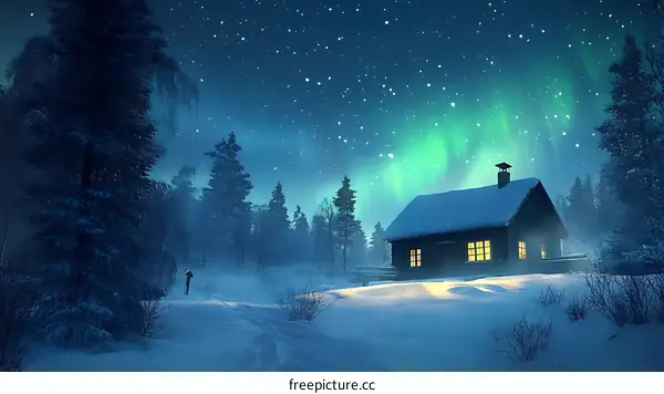 Winter Night Cabin with Aurora Borealis