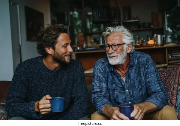 Father and Son Enjoying a Warm Drink at Home