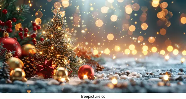 Christmas Tree with Red and Gold Ornaments on Snowy Background