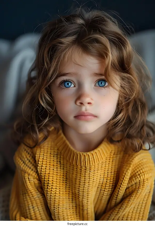 Portrait of a young girl with big blue eyes and curly brown hair