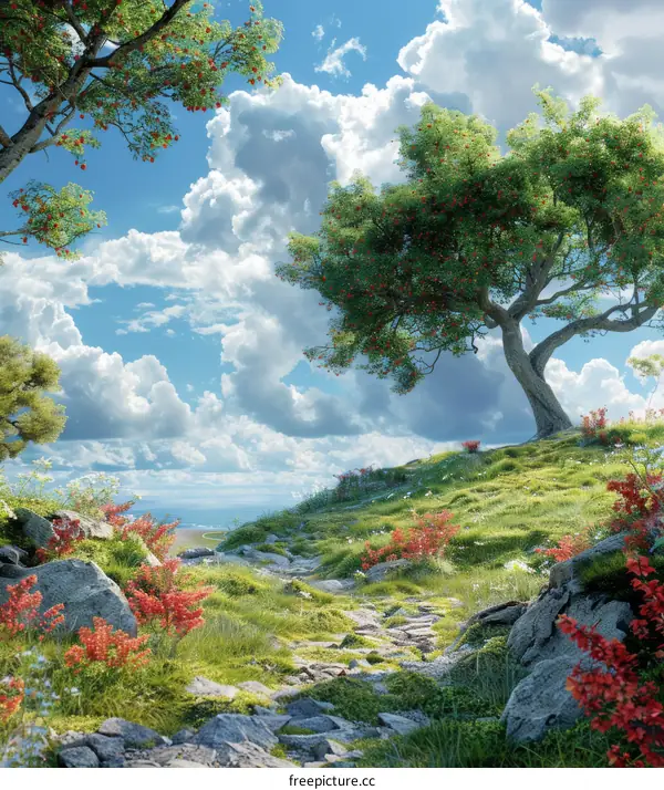 fantasy landscape with a large tree in the center
