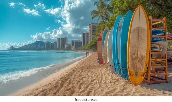 Surfboards lined up on the beach with Honolulu and Diamond Head in the background
