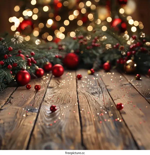 Gold and Red Christmas Ornaments on a Wooden Table