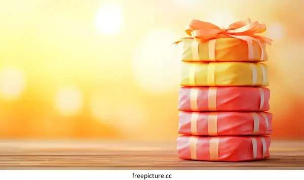 Stacked Colorful Gift Boxes on Wooden Surface