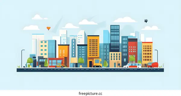 Cityscape Illustration with Buildings and Vehicles