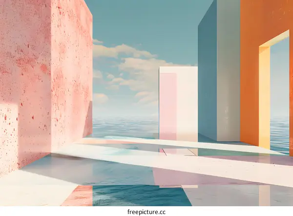 Abstract Minimalist 3D Render of Colorful Geometric Shapes with Ocean View