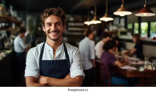 Portrait of a happy chef standing in a restaurant with his arms crossed