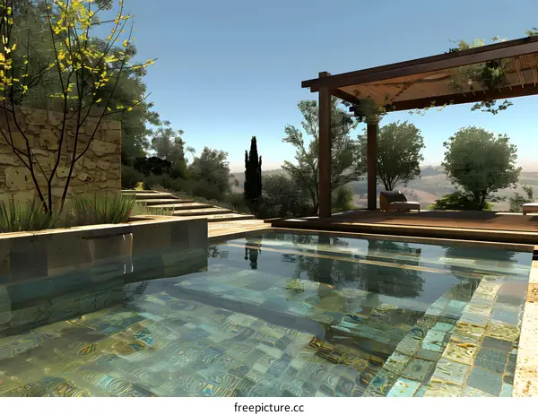 Modern Swimming Pool Design with Pergola and Mountain Views