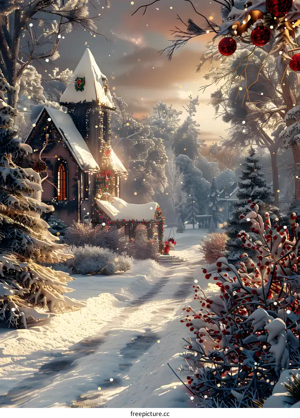 Church in the winter snow scene