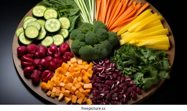 Colorful vegetables and fruits arranged on a wooden table