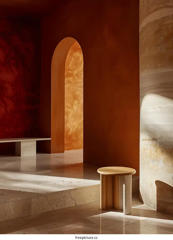 Minimalist Interior Design with Stone Walls and Wooden Stool