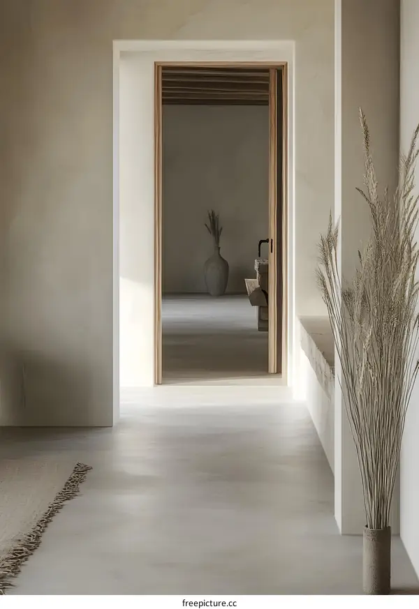 Minimalist Interior Design with Wooden Doorway and Dried Grass Decor