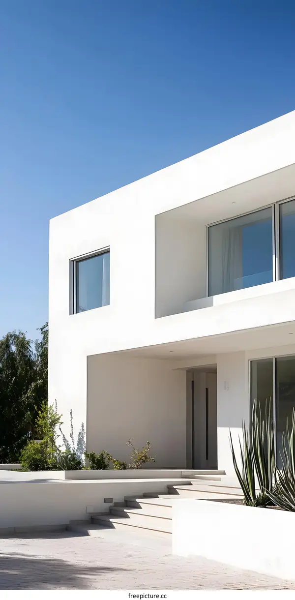 Modern Minimalist White House Exterior with Steps and Landscaping