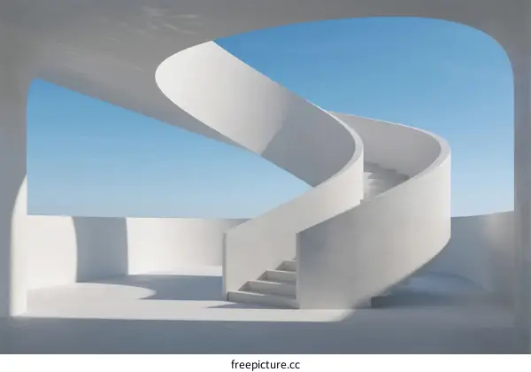 Spiral Staircase in Minimalist White Interior with Clear Blue Sky