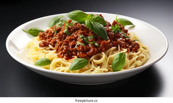 A plate of spaghetti with tomato sauce and basil