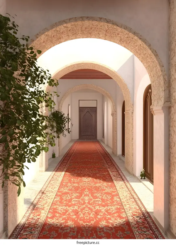Red Carpet Hallway with Arched Entrance