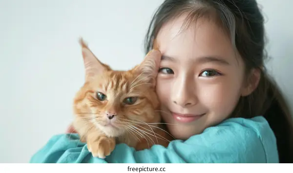Asian girl hugging an orange cat