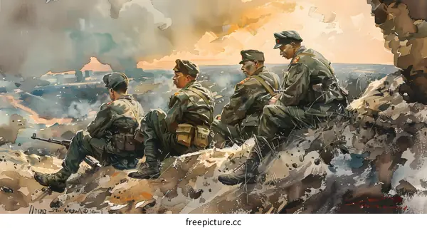 Four soldiers looking at the ruins of Stalingrad