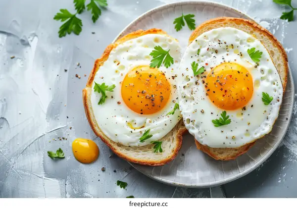 Fried eggs on toast with parsley