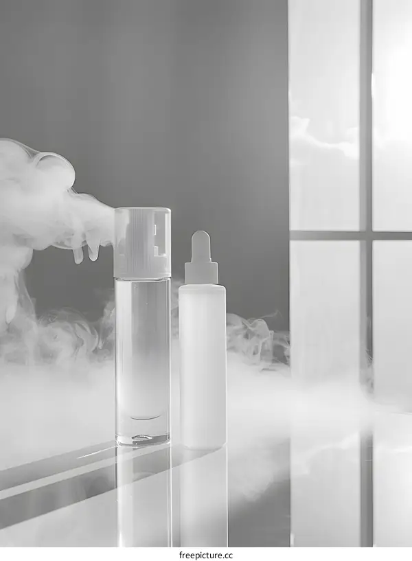 Black and white minimal aesthetic scene with two cosmetic bottles, smoke, glass surface and window on grey background