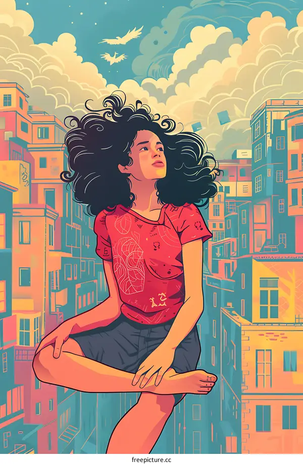 Woman Sitting on Buildings in a City Illustration