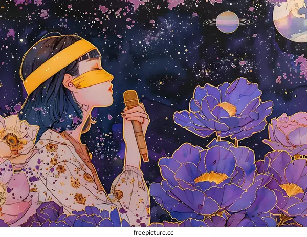 girl singing among the stars with flowers