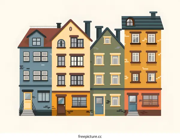 Colorful Row of Old European Style Buildings Illustration