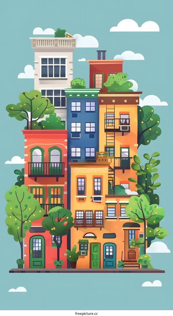 Colorful Illustration of Cityscape with Row of Houses and Trees