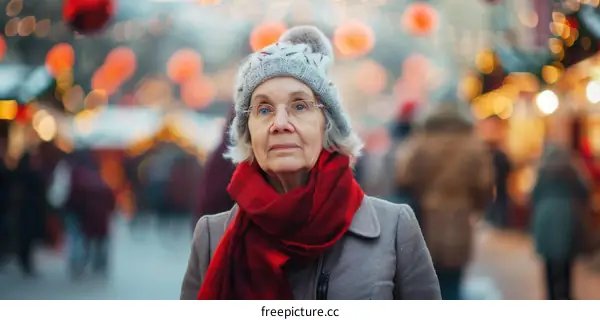 Elderly woman wearing a red scarf and a grey coat with a fur pom-pom hat looking at the camera in a busy Christmas market with lights in the background