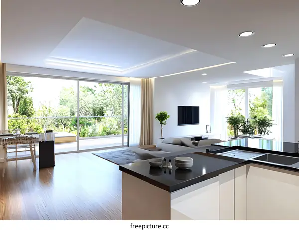 Modern Kitchen Interior Design with Black Countertop and White Cabinets