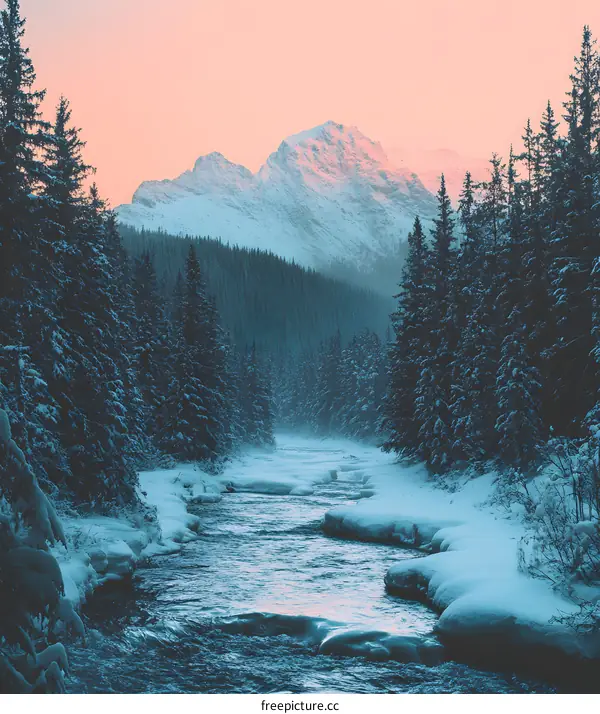 Winter Scene with Snowy Mountain Range and River