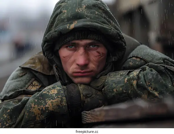 Portrait of a soldier in the rain