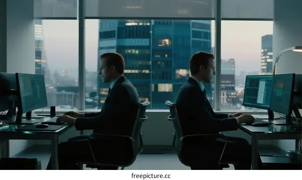 Two Business Professionals Working in Modern Office with City View