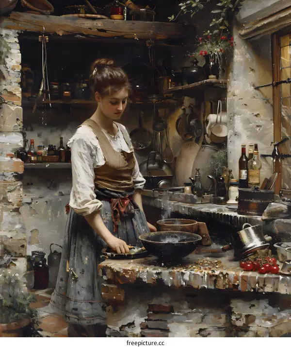 A Young Woman Cooking in a Kitchen