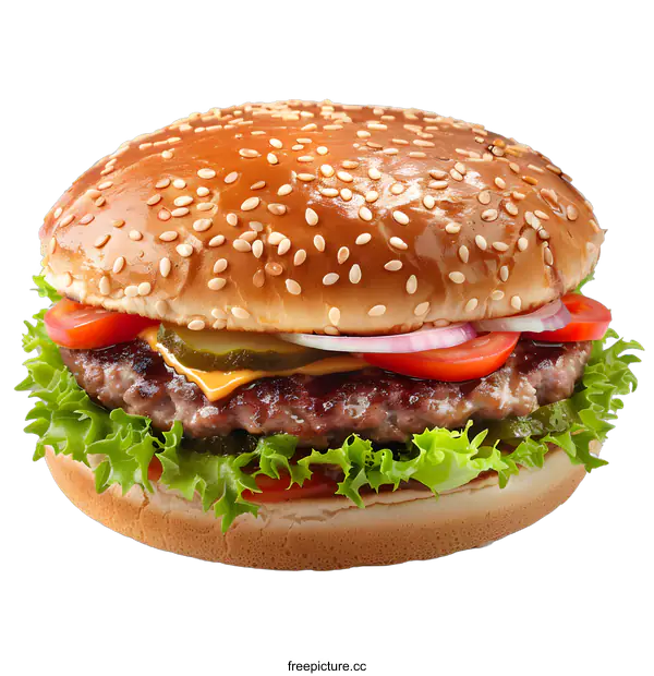 [Transparent Background PNG]Juicy Cheeseburger with Lettuce Tomato Onion and Pickle