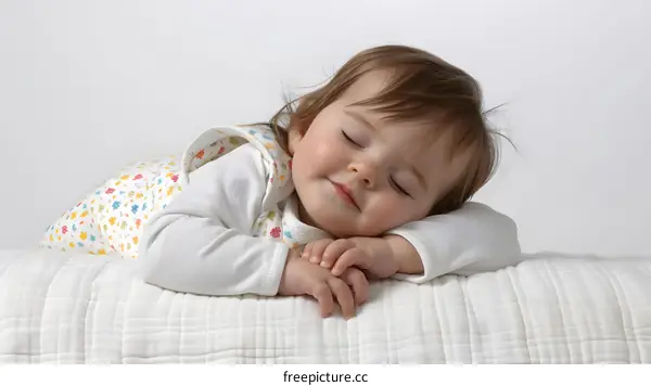 An adorable baby sleeping soundly on a white blanket