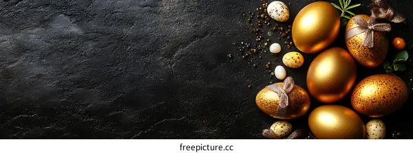 Golden Easter Eggs on Dark Stone Background