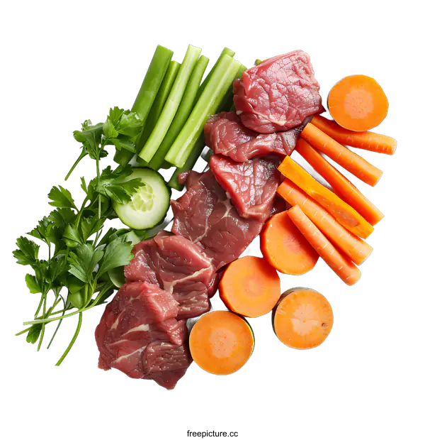 [Transparent Background PNG]Raw Beef Carrot Celery and Parsley on White Background
