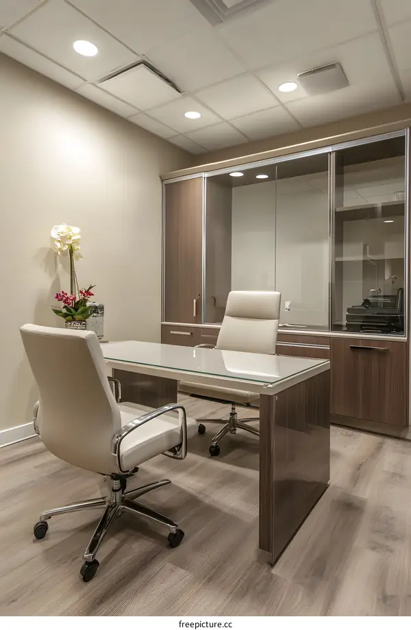 Modern Office Interior Design With Glass Desk And Two Chairs
