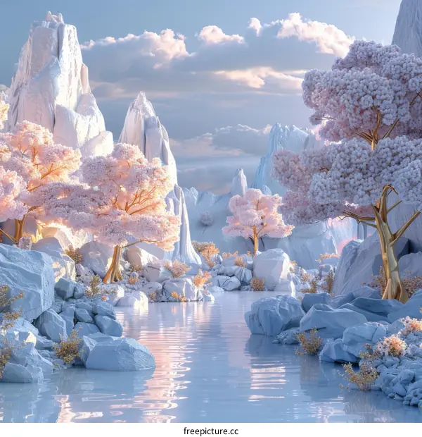 Pastel Mountains and Pink Blossom Trees by a Lake