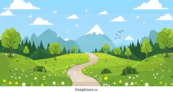 Mountain Landscape Illustration with Winding Road