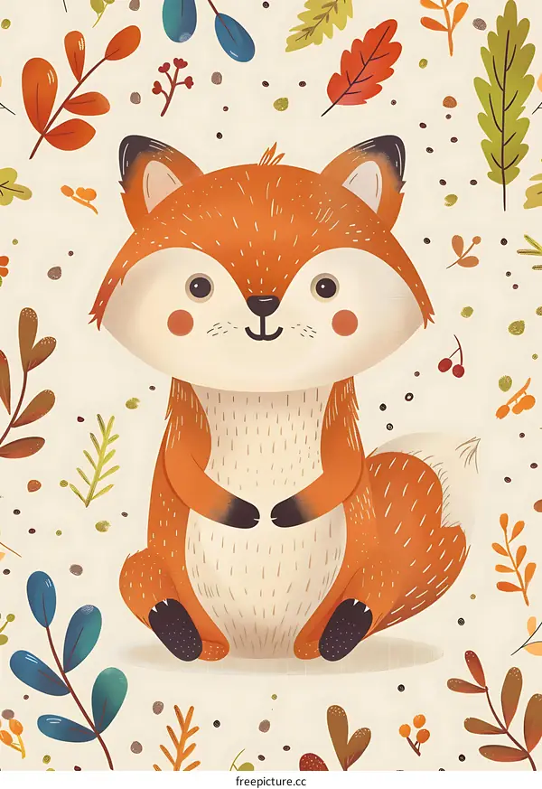 Cute Cartoon Fox Sitting on White Background with Fall Leaves