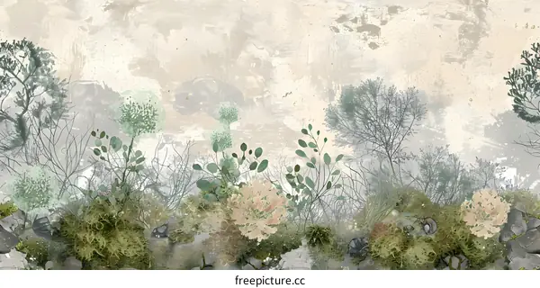 Abstract Watercolor Painting of Green Plants and Trees